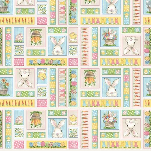 FlashPhoenix Quality Sewing Fabric – Peek-A-Boo Bunnies Cream Patchwork Cotton by The Yard Size: 36" x 44"