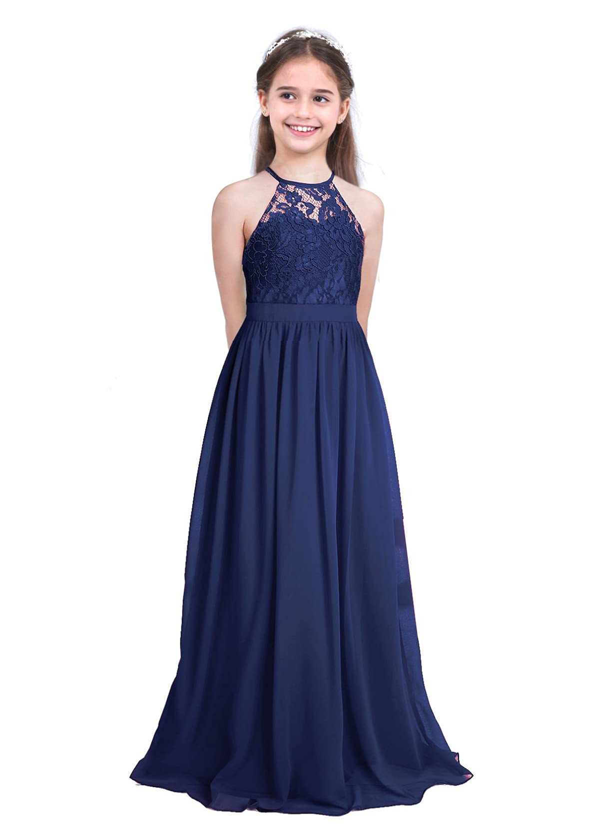 TiaoBug Vestito Bambina Elegante Principessa Abito da Cerimonia in Pizzo Floreale e Chiffon Vestito Lungo Senza Maniche Damigella d'Onore Matrimonio Sposa Feste Compleanno