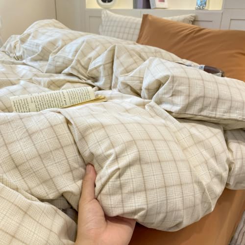 Image of PinkMemory Beige Gingham Duvet Cover Bedding Queen 100% Washed Cotton Vintage Plaid Duvet Cover Set Full 3pcs Checkered Grid Bedding Set with Zipper Closure Corner Ties,Soft Breathable