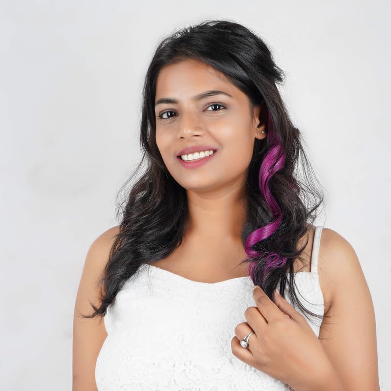RefynHair - Funky Highlights Natural Human Hair Wine Color 20 Inches long Streaks Extensions With Pack of 4 Highlighter For Women And Girls Hair Extension 1