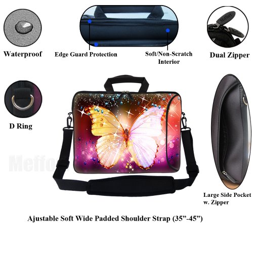 Meffort Inc 17 Inch Neoprene Laptop Bag with Extra Side Pocket, Soft Carrying Handle & Removable Shoulder Strap Fit 16" to 17.3" Size - Big Butterfly2