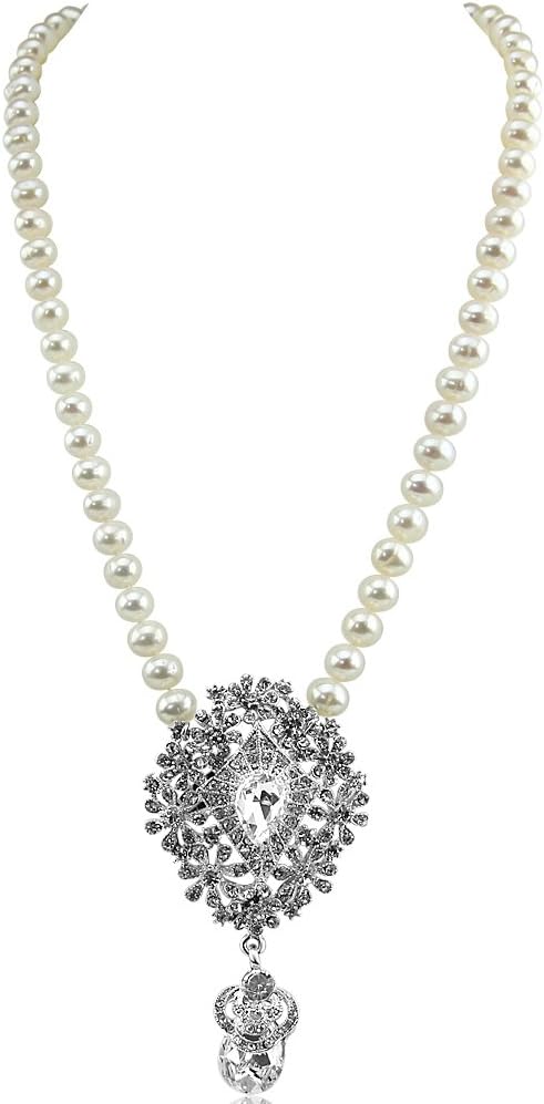 7.5-8.0 mm High Luster White Freshwater Cultured Pearl Necklace 20" with Rhinestone Pendant