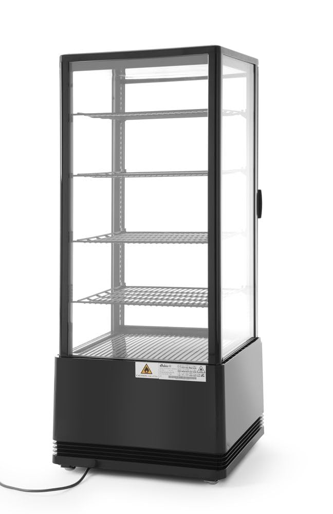 HENDI Vetrina da Esposizione Refrigerata, Sbrinamento Automatico, Sistema Antifog, 4 Ripiani, Illuminazione LED, Classe Energetica C, 98L, 230V, 210W, 452x406x(H)1116mm, Nero, ABS, Doppio Vetro