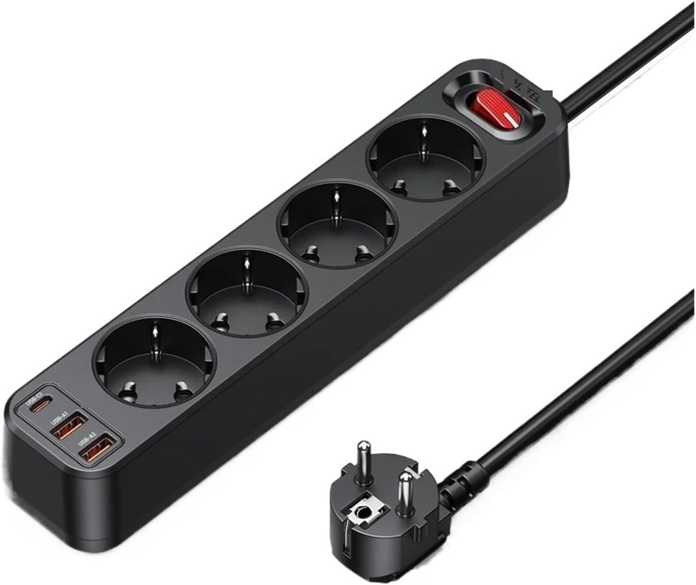 4000W Power Strip Multi Outlet 1.5M Extension Cord Network Filter with 3 USB PD 33W PPS Fast Charging Surge Protector(Black)