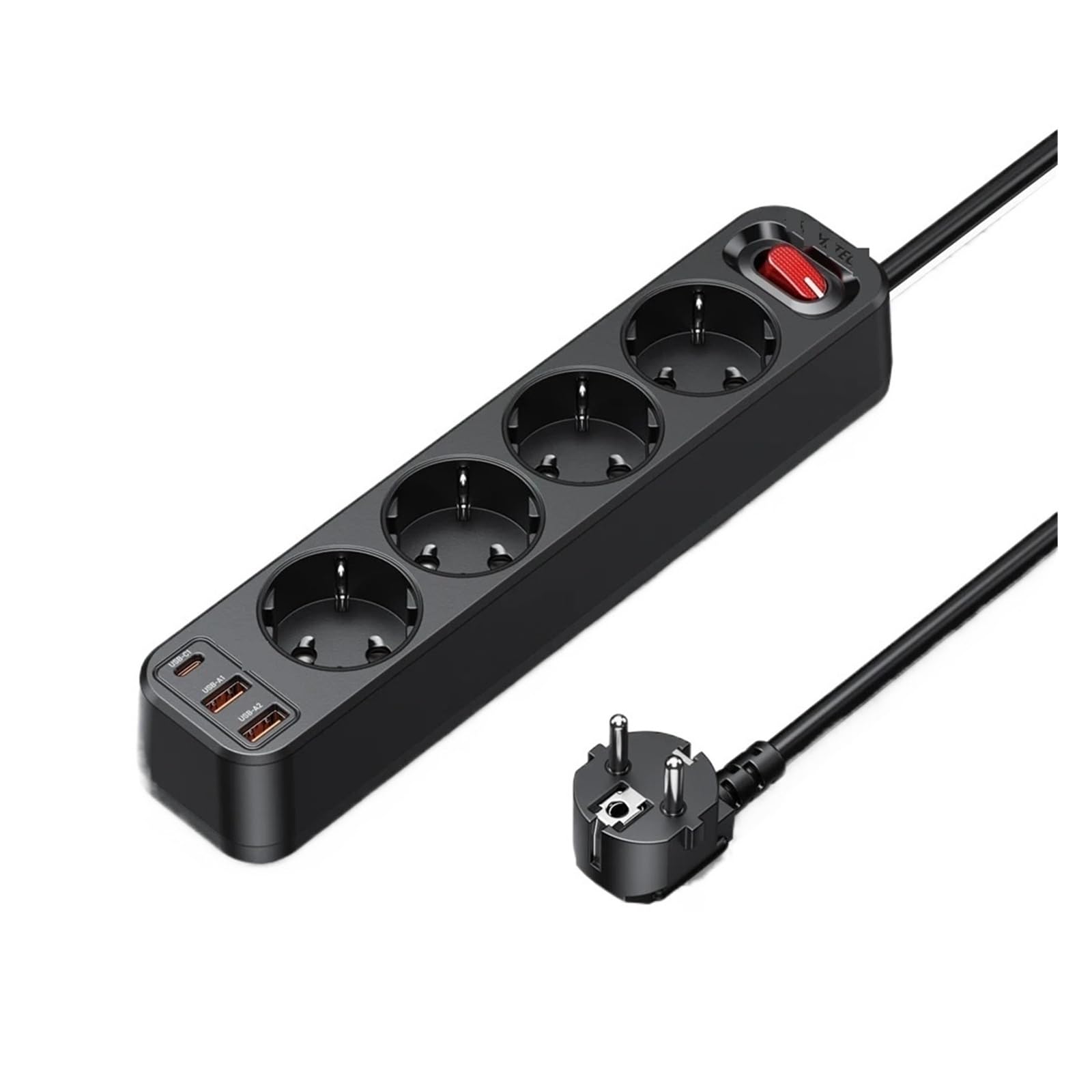 4000W Power Strip Multi Outlet 1.5M Extension Cord Network Filter with 3 USB PD 33W PPS Fast Charging Surge Protector(Black)