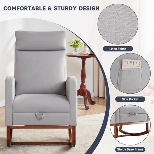 Image of Rocking Chair Nursery High Back Rest Glider Rocker with Footrest Nursing Rocking Chairs Upholstered Accent Arm Chair for Living Room Bedroom Indoor, Light Gray