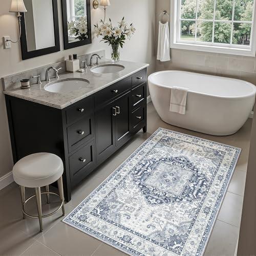 Madane Washable Area Rug 2x3, Small Entryway Rug Non-Slip Vintage Door Mat Indoor Entrance, Low Pile Floor Carpet for Inside Front Door Bedroom Kitchen Entry Laundry (2'x3', Navy/White)