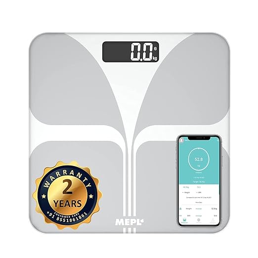 MEPL Smart Bluetooth Weighing Scale 18 Health Metrics Tracker BMI, BMR Body Fat, Muscle Mass, Water Sync with Mobile App Tempered Glass, 180kg Capacity 2-Year Warranty (White)
