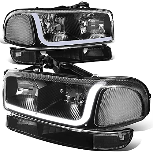 Auto Dynasty 4Pcs LED DRL Headlights Assembly Compatible with 1999-2007 GMC Sierra Yukon XL GMT800 / 820, Headlamps with Bumper Lamps and L-Style Light Bar, Driver and Passenger Side, Black/Clear