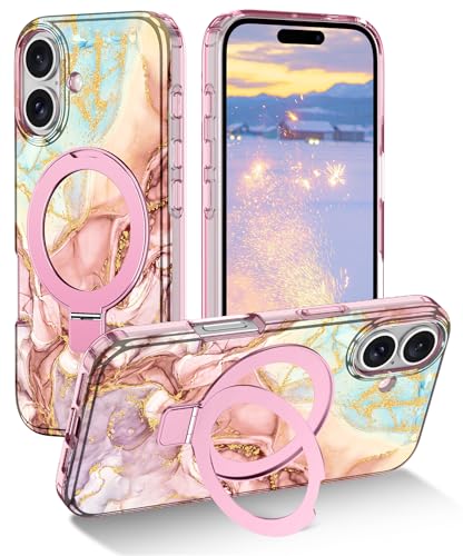 Lamcase for iPhone 16 Case with Magnetic Invisible Ring Stand [Compatible with MagSafe], Full Body Rugged Slim Women Men Girl Shockproof Marble Pattern Design Case, Rose Gold - image 1