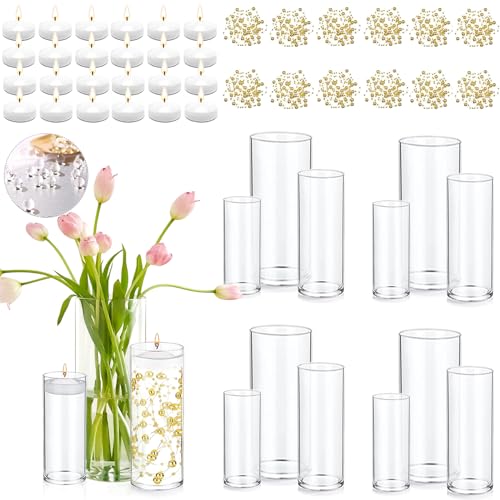 PNJHDZ Set of 12 Glass Cylinder Vases for Centerpieces with 8 Pack Vase Filler 12 Pearl String 24 White Floating Candles for Table Centerpieces for Wedding Party Home Decor 5 6 8 Inch