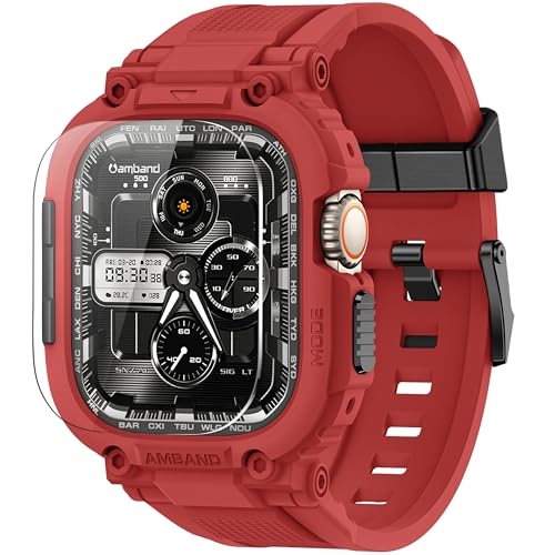 Image of amBand Bands Case Screen Protector Compatible with Apple Watch Ultra 3 /2 /1 49mm, M1 Sport Series Rugged Cover Strap and 9H Tempered Glass Film, Protective Bumper for iWatch 49 mm Men - Mars Red