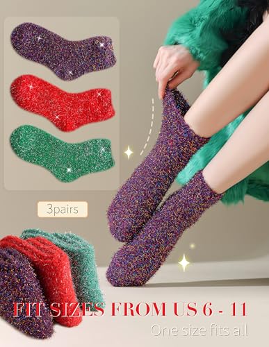 Sparkly Fuzzy Socks for Women Men, Halloween Gifts Boo Spooky Basket Stuffers, Funny Cute Crazy Fluffy Plush Slipper Socks for Girls Boys 3 Pairs 6