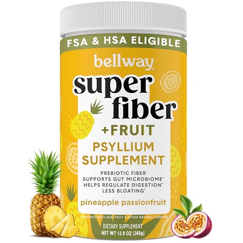 Image of Bellway Super Fiber Powder + Fruit, Sugar Free Organic Psyllium Husk Powder Fiber Supplement for Regularity, Bloating Relief & Digestive Health, Plant-Based, Pineapple Passion Fruit (50 Servings)