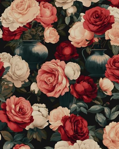 BOKEBEVE Bright Floral Wallpaper Peel Stick Colorful Flower Vase Contact Paper Bold Boho Wallpapers for Accent Wall Closet Backsplash Shelf Liner Vintage Retro Renter Friendly 17.5 x 118In