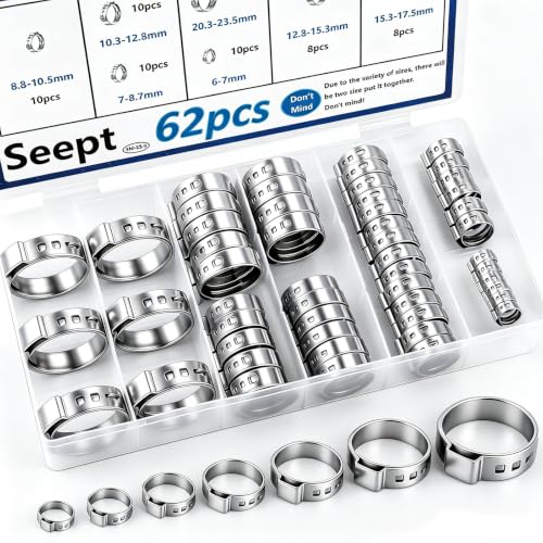 Image of 62Pcs 7 Sizes 304 Stainless Steel Single Ear Hose Clamps 6-23.5mm Crimp Hose Clamps Assortment Kit Perfect for Automotive /Home Appliance /Water Pipe and Fuel Line