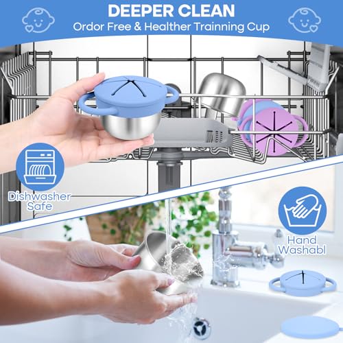 Image of 2-Pack Stainless Steel Snack Cup for Toddlers Spill-Proof, Baby Food Containers with Removable Silicone Lids & Handles | Dishwasher Safe, BPA-Free On-the-Go Kids Snack Containers Box