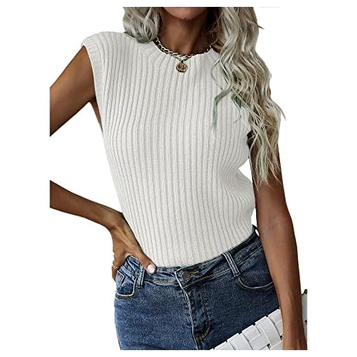 Yuebin Women's Sleeveless Crewneck Sweater Tank Top Summer Autumn Rib Knit Tank Top White