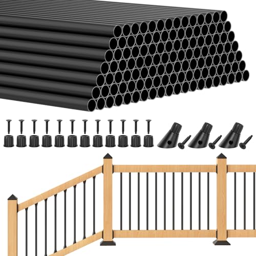 BLIKA 120 Pack 26 Aluminum Deck Balusters with Adjustable Baluster Connector 3/4 Black Round Aluminum Balusters for Deck Railing Black Metal Deck Balusters Staircase Spindles