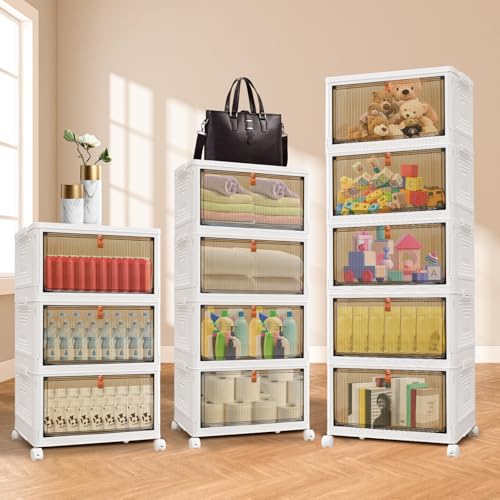 BRIEFNESS 4 Tier Stackable Storage Boxes with Lids & Wheels – Plastic Organizer for Clothes, Bathroom, Bedroom, Living Room, Study & Office – Space-Saving Multi-Purpose Storage Solution