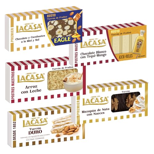 Pack Surtido 5 Turrones Lacasa:Mazapán de Nata con Nueces, Arroz con Leche, Chocolate Blanco con Tequi Mango, Duro,Cacahuete Eagle