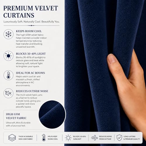 Image of Velvet Curtains | Heavy Soft Premium Velvet Drapes for Bedroom and Living Room | Semi Light Blocking, Thermal Insulated and Noise Reducing Door Panels | 7 Feet, Set of 2 (Navy Blue)