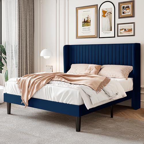 Image of SHA CERLIN Queen Size Velvet Bed Frame, Tufted Wingback Headboard, Blue | 47'' Modern Vertical Channel Headboard, Upholstered Platform Bed, Wood Slats, No Box Spring Needed, Easy Assembly, Noise Free