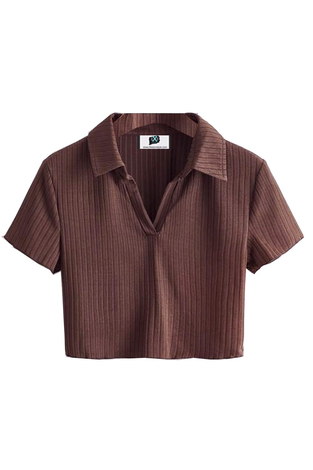 sxv style Black Ribbed Polo Collar Crop t-Shirt-picture-33