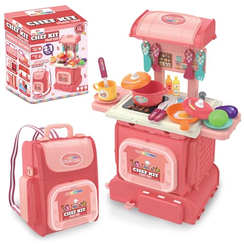 Image of Wembley 2-in-1 Kids Kitchen Set | Cooking Pretend Play Toy with 37 Pieces | Portable School Bag Style Kitchen Playset for Girls & Boys Age 2-7 | Role Play Cooking Game | Birthday Gift for Kids