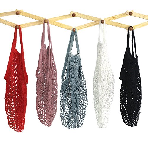 M-Aimee 5 Pack Portable Reusable Mesh Cotton Net String Bag Organizer Shopping Tote Handbag Fruit Storage Shopper