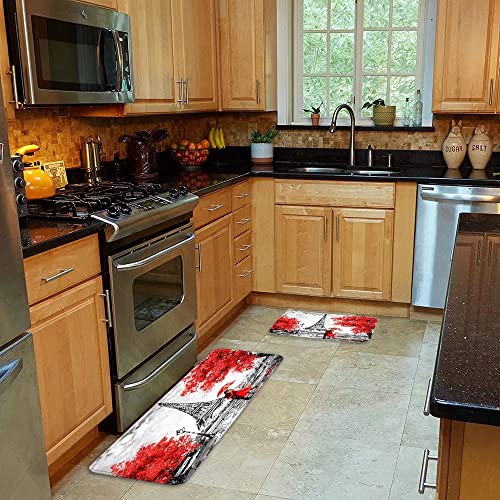 Paris Kitchen Rug Set 2 Pieces Elegant Paris Eiffel Tower France Couple Red Umbrella Trees Comfort Mat Cushioned Floor Mats Washable Doormat Anti Fatigue Non-Slip Chef Runner Rugs Bedroom Area Carpet #TOP2