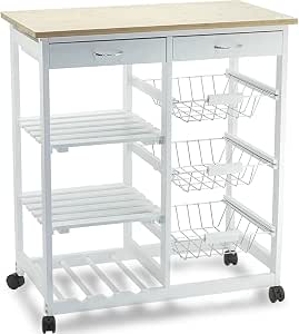 Carrello Da Cucina In Legno Con Ruote – 2 Cassetti, 3 Cestelli E Ripiani, Bianco, 81x76x37 Cm, Per Dispensa E Sala Da Pranzo