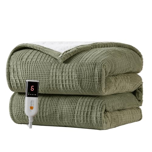 Electric Heated Blanket Throw for Adults - 50''X60'' Size - 6 Heat Settings - Auto Off - ETL Certified - Machine Washable (Gray Green)