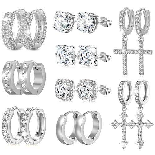 9 Pairs Earrings for Men Stainless Steel Small Hoop Earrings Hypoallergenic CZ Cross Dangle Earrings Cubic Zirconia Stud Earrings Huggie Men's Earrings Set