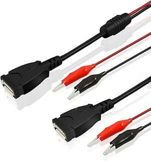 Alligator Clips to USB Female Test Lead Adapter 18AWG Red Black Wire Maximum 5A Current 12 Inchs Alligator Clips USB Test Lead (Pack of 2) (Alligator Clips to USB Female)