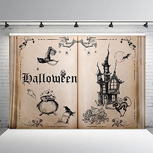 MEHOFOND 7x5ft Halloween Night Theme Magic Book Photography Backdrops Old Castle Dark Fairytale Wizard Hat Bones Crucible Background Portrait Decor Halloween Party Photo Shoot Props Studio Banner - Image 2