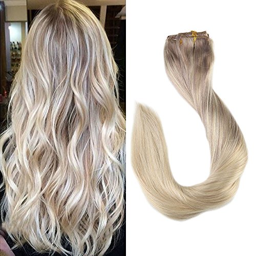 【Promotion】Full Shine Full Head Best Human Hair Clip Extensions Nordic Balayage Remy Hair 14 inch Color #18 Dirty Blonde Fading to Color #22 and #60 Platinum Blonde Clip in Extensions