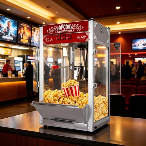 Image of Commercial Popcorn Machine With 28 OZ Kettle for Theater Style, Red | Countertop Popcorn Machine Stainless Steel, 3-Switch Control, for Home, Movie Night, Parties, Office, School, Business