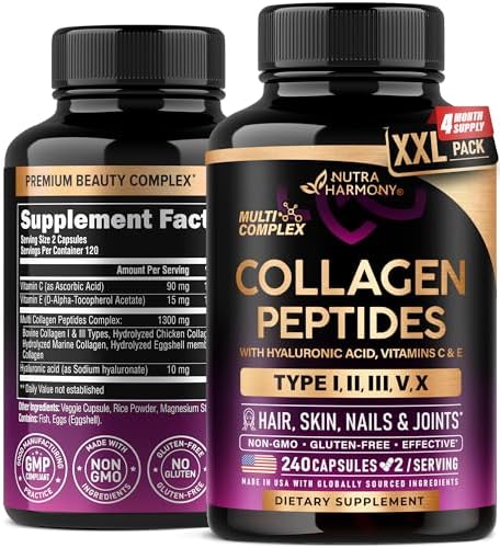Multi Collagen Peptides – Hydrolyzed Types I, II, III, V & X – Collagen Supplement for Women 1300mg – w/ Hyaluronic Acid, Vitamins C & E – Skin, Hair, Nails & Joint Support – Made in USA, 240 Capsules
