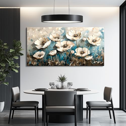 KELIYUAN Large Wall Decor Canvas Painting Wall Art For Living Room Decor White Flowers Picture Room Wall Decoration Artwork For Dining Room Bedroom Bathroom Kitchen Print For Home Decor 24x48 In