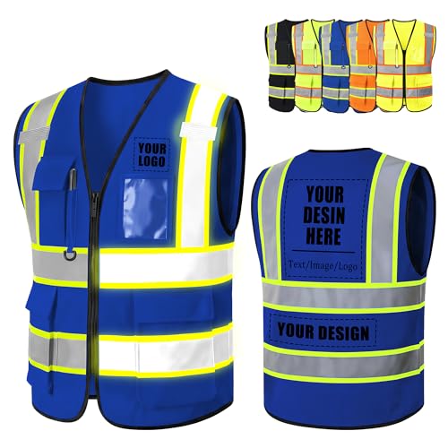 Safekim Custom Safety Vest with Logo, High Visibility Reflective Blue Personalized Safety Vest for Men Women, Customized Construction Work Vest with Pockets and Zipper