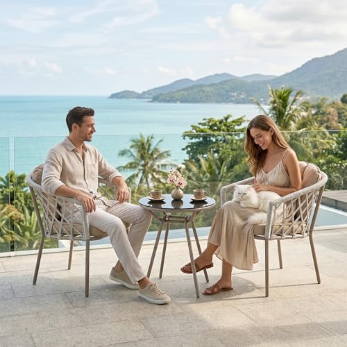 Image of BRISHI Garden Patio Seating Chair and Table Set Outdoor Balcony Garden Coffee Table Set Furniture with 1 Table and 2 Chairs Set with Cushion Braid & Rope (White.)