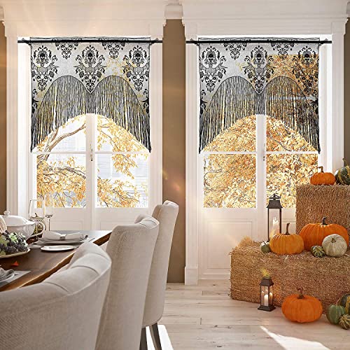 Enasgloo 2 Pcs Halloween Curtains Black Lace Skull Skeleton Door Window Valance With 3D Bats For Halloween Decorations, W 38 × L 40 Inches #TOP5
