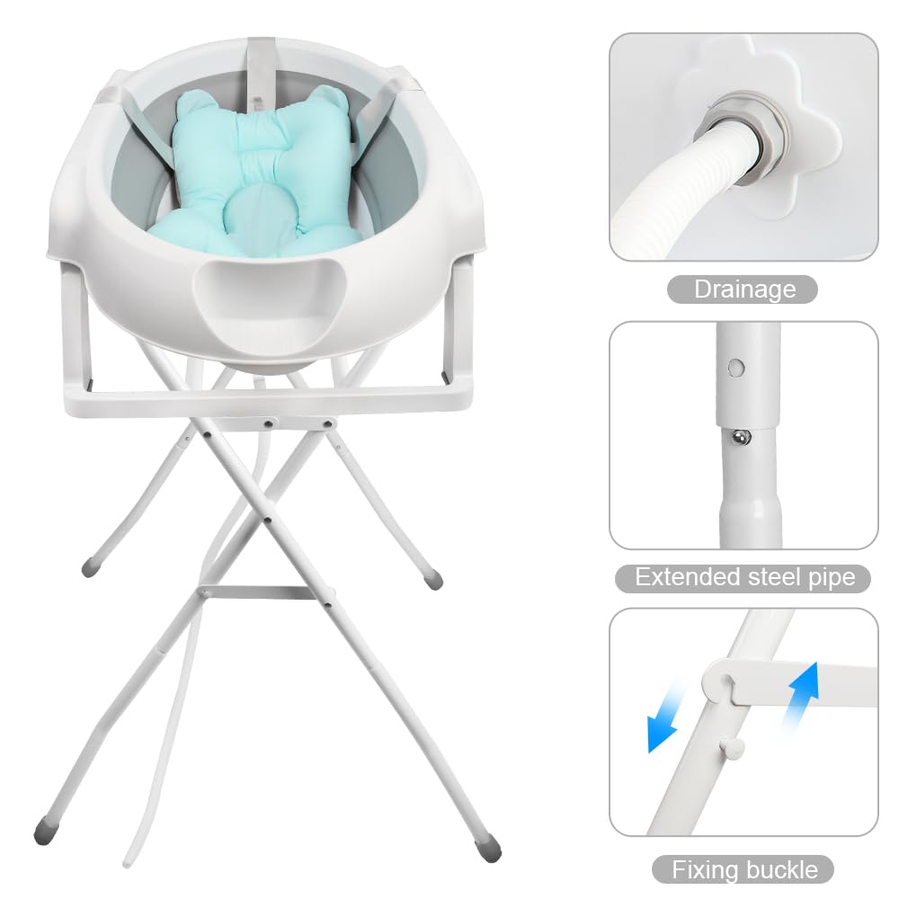 Składana wanna 2 w 1 z przenośnym otworem drenażowym i podstawką 85 cm, wanna z poduszką kąpielową dla dzieci, wanna na nogach z tworzywa sztucznego PP+TPE (szara 80 x 47 x 22 cm + 85 cm)