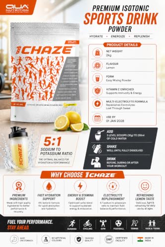 Image of QUA Nutrition1CHAZE Isotonic Sports Drink Powder 2kg | 6% Isotonic Hydration Energy Drink | Pre & Post Workout Nutrition Drink for Men and Women | Multi-Vitamin Electrolytes | Restores Hydration & Energy