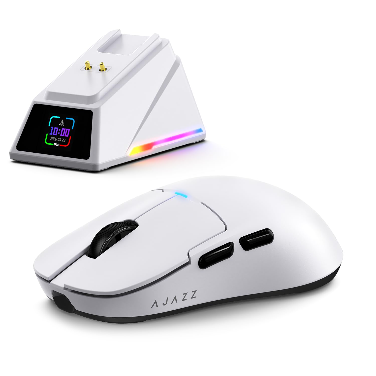 FREEWOLF x A.JAZZ AJ159P MC PRO Mouse da Gaming Wireless, Dock di Ricarica Magnetico con Schermo TFT, Ultra-Leggero 57g, Sensore PAW3311, 24000 DPI, BT/2.4G/USB-C, 20M Click, per PC/MAC (Bianco)