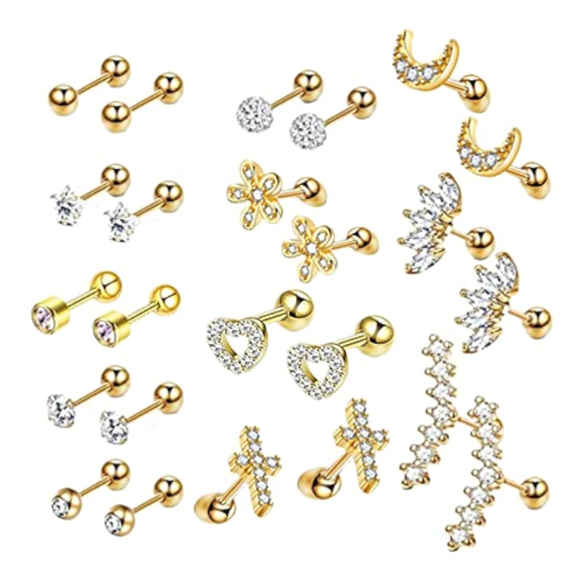 24pc Gold Stud Earrings Set for Men & Women, Flatback