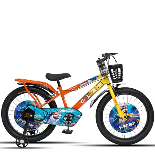 Image of Shark Tank 20 Inch Kids Bicycle with Training Wheels, Front Basket, Water Bottle, Rear Carrier & Full Chain Cover for Boys and Girls Ages 7-9 (Yellow /Orange)