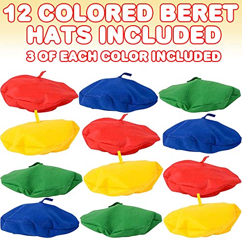 ArtCreativity Color Berets for Kids and Adults, Set of 12, French Hats with Velvety Textured Fabric, Painter Costume Prop for Halloween, Dress Up Parties, and Photo Booth, 4 Colors2