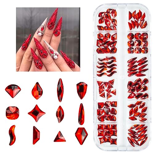 qiipii 120Pcs Red Rhinestones Nail Charms 12 Shapes Crystal Flatback Siam Red Big Gems Ruby Red K9 Glass Nail Stones Diamonds Jewels Nail Art Supplies Nail Decor for Nails Face Eyes Makeup Crafts DIY